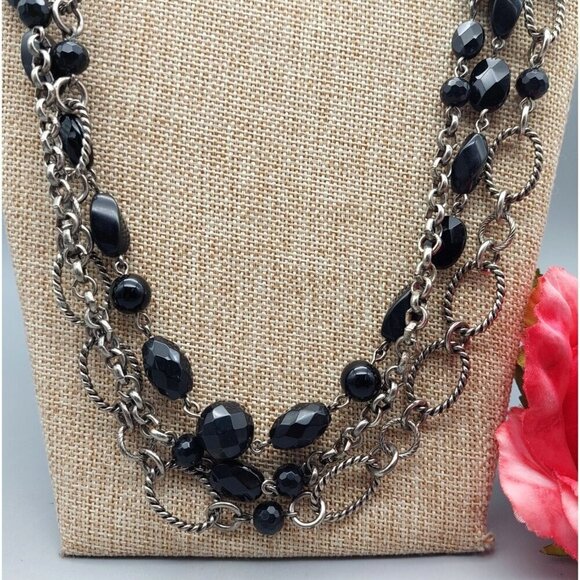 Silver Tone & Black Bead Twisted Multi Chain Statement Necklace Layer Adjustable - Picture 4 of 10
